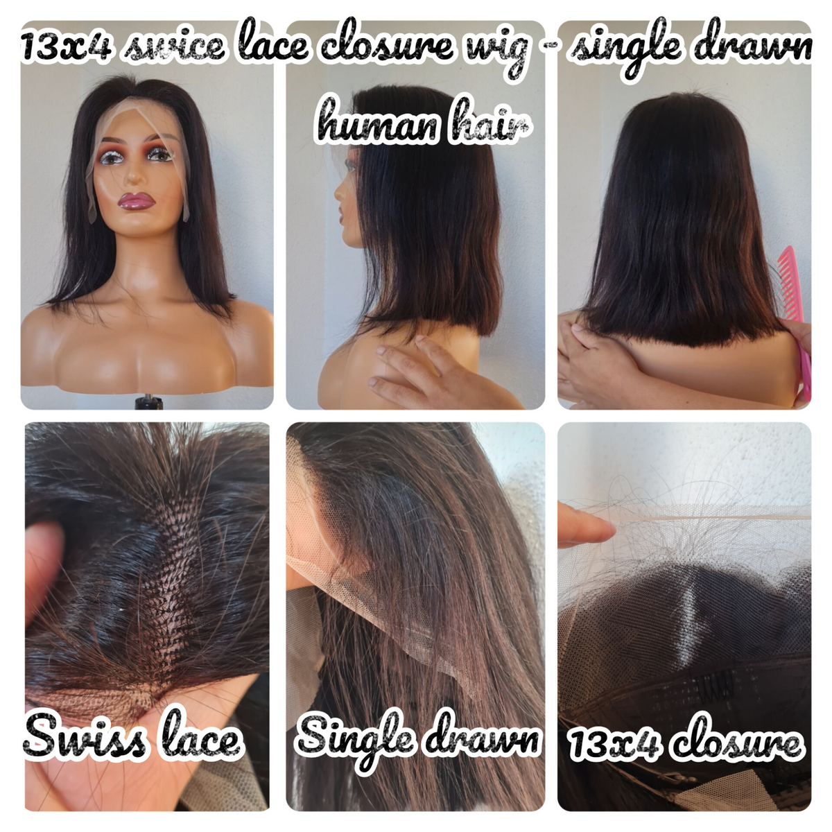 Human hair - 13x4 Swiss lace closure wig - single drawn - straight - natural black