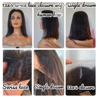 Human hair - 13x4 Swiss lace closure wig - single drawn - straight - natural black