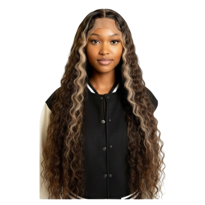 30 inch Futura Water-Wave Lace Front Wig - Brown with honey blond highlights
