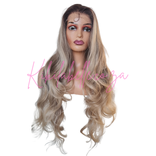 Kelly - 30" Ash Blond dark root Human hair blend layered wig