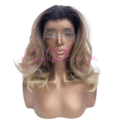 Blow out range - 18" Human hair blend layered wig - Blond balayage