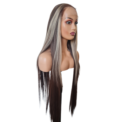 Molly - 32" bus down human hair blend wig brown with money piece