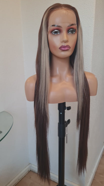 Molly - 32" bus down human hair blend wig brown with money piece