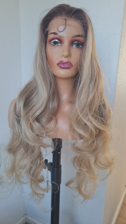 Kelly - 30" Ash Blond dark root Human hair blend layered wig